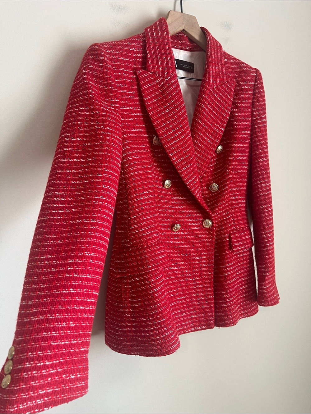 Zara Double Breasted Blazer Tailored Red Gold Buttons Tweed Sz Small - Picture 4 of 8